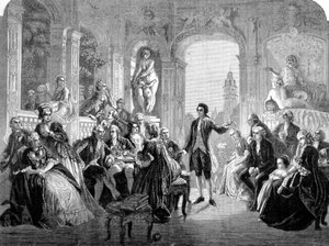 Der deutsche Dichter Johann Wolfgang Goethe am Hof des Markgrafen Friedrich von Baden. Gravur nach dem Gemälde von Federico Pecht von Unknown artist