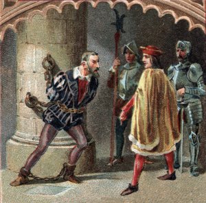 Der König von Frankreich Ludwig XII. lässt Ludovico Maria Sforza, genannt der Mohr (1452-1508), im Schloss von Loches in Touraine einsperren. Chromolithographie aus dem späten 19. Jahrhundert. von Unknown artist