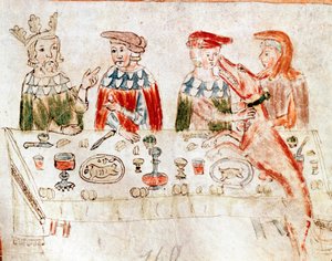 Der König der Franken Pippin III. der Kurze (714-768) und sein Sohn Karl der Große bei einem Bankett. Miniatur aus einem Manuskript des 12. Jahrhunderts. Venedig, Biblioteca Nazionale Marciana von Unknown artist