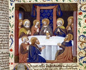 Das letzte Abendmahl. (Christus umgeben von seinen Aposteln) - Illumination des Mittelalters, sd. von Unknown artist