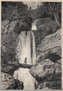 Der Linklater-Wasserfall - Illustration des 19. Jahrhunderts für den historischen Roman „The Puritans of Scotland“ (Old Mortality) von Walter Scott