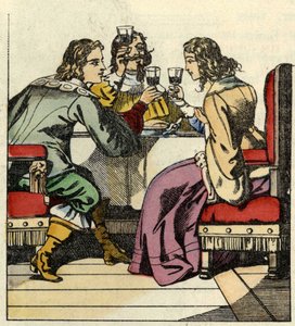 Der Marquis von Carabas lädt die Prinzessin und den König zum Essen ins Schloss ein. Illustration des Märchens „Der gestiefelte Kater“ von Charles Perrault.