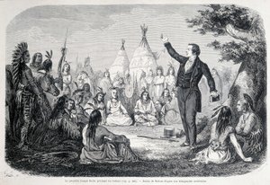 Der Mormonenprophet Joseph Smith predigt den Indianern (Nordamerika). Illustration aus dem 19. Jahrhundert von Unknown artist