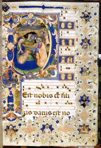 Die Geburt Christi dargestellt auf einem Chorgestühl aus dem 14. Jahrhundert. Mailand, Biblioteca Nazionale Braidense