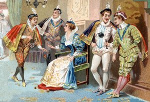 Der Louvre-Palast unter der Herrschaft von Heinrich III. (16. Jahrhundert): junge Männer des Hofes des Königs. Chromolithographie aus dem späten 19. Jahrhundert.