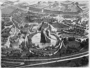 Der Parc des Buttes Chaumont, ein öffentlicher Garten im 19. Arrondissement von Paris, gebaut unter der Initiative von Napoleon III, geschaffen von Baron Haussmann. von Unknown artist