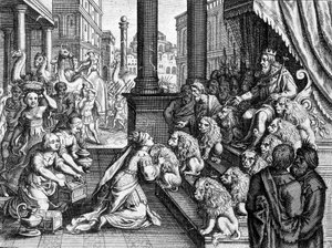 Die Königin von Saba vor König Salomo - Gravur aus einer Bibel des 17. Jahrhunderts