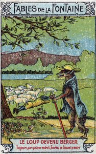 Der Wolf wurde Schäfer - Fabeln von Jean de La Fontaine (1621-95) - Chromolithographie des späten 19. Jahrhunderts Private Sammlung