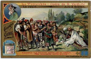Der Akt II Szene 1. Illustration für die Oper „Il trovatore“ von Giuseppe Verdi (1813-1901). Chromolithographie (Chromo) Liebig aus dem späten 19. Jahrhundert.