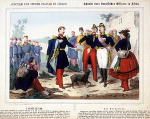 Die Abenteuer eines französischen Offiziers in Afrika. Der junge Offizier, der Anführer eines Postens, der von den Arabern angegriffen wurde, wurde entwaffnet und vor ein Kriegsgericht gebracht. von Unknown artist