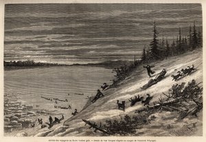 Die Ankunft von Passagieren mit Hundeschlitten am Yukon River (extremes Nordkanada), vollständig gefroren. Gravur zur Illustration der Reise und Abenteuer in Englisch-Kolumbien, Vancouver Island und Alaska, von Frederick Whymper von Unknown artist