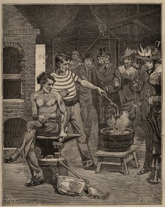 Die Kunst des Glases: Erfahrung mit Batavischen Tränen. Tropfen geschmolzenen Glases werden in ein kaltes Wasserbad getropft, das in Form von Tränen erstarrt. Gravur von 1885 in „Les arts et metiers illustres“ von Adolphe BITARD