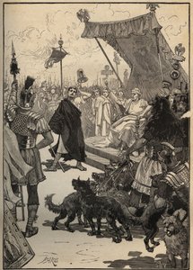 Die Kunst des Glases: gehärtetes Glas im antiken Rom. Ein Handwerker wirft eine Glasvase gegen Platten und das Objekt zerbricht nicht zur Überraschung der Zuschauer, darunter Kaiser Tiberius. Gravur von 1885 in „Les arts et metiers illustres“ von Adolphe B
