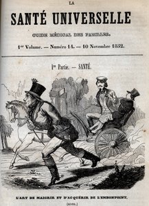 Die Kunst des Abnehmens und Zunehmens: Ein Mann geht zu Fuß, während ein anderer in einer Kutsche transportiert wird - Gravur in „La Sante Universelle - Guide Medical des Familles“ 1852