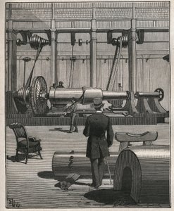 Die Kunst des Drehens: Schießen eines Stahlmonstergeschützes. Gravur von 1885 in „Les arts et métiers illustrés“ von Adolphe Bitard.