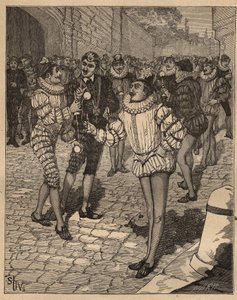 Die Kunst des Drehens: der Ball. König Heinrich III. (1551-1589) und seine Lieblinge spielen Bilboquet auf der Straße. Gravur von 1885 in „Les arts et métiers illustrés“ von Adolphe Bitard. von Unknown artist