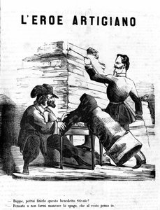 Die Handwerkerhelden Viktor Emanuel II. - Joseph, wann wirst du diesen Stiefel fertigstellen? Garibaldi - Lass mich den Faden nicht verlieren, um den Rest kümmere ich mich. Satirische Gravur von Il Fischietto von Unknown artist