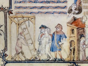 „Die Ballade der Gehängten“. Miniatur, die das Gedicht von Francois de Moncorbier dit Villon (1431/1432-1463) illustriert. 15. Jahrhundert von Unknown artist