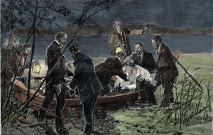 Der Leichnam von Ludwig II. von Bayern und Dr. Gudden im Starnberger See bei Schloss Berg im Juni 1886. Gravur von Unknown artist