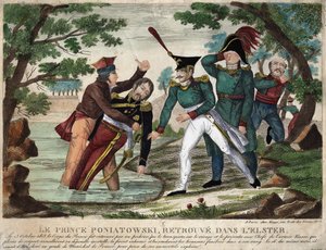 Der Leichnam von Prinz Joseph Antoni Poniatowski in der Eelster am 23. Oktober 1813, zeitgenössische Gravur