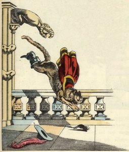 Der gestiefelte Kater bittet den Oger, sich in eine Maus zu verwandeln, und springt, um ihn zu verschlingen. Illustration aus Charles Perraults Märchen „Der gestiefelte Kater“