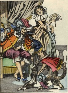Der gestiefelte Kater bietet dem König das Kaninchen von seinem Herrn, dem Marquis von Carabas, an. Illustration des Märchens „Der gestiefelte Kater“ von Charles Perrault. von Unknown artist