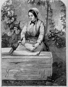Das Abfüllen von Champagnerwein. Gravur von 1864