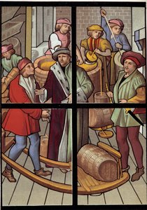 Die Brauer. Lithographie nach einem Glasfenster der Kathedrale von Tournai aus dem 15. Jahrhundert. 19. Jahrhundert. Paris, Kunstgewerbemuseum