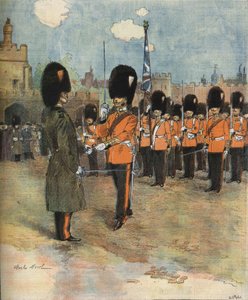Der Wachwechsel am Buckingham Palace in London im Jahr 1893. Illustration von M.C. Morel. Bianchetti-Sammlung.