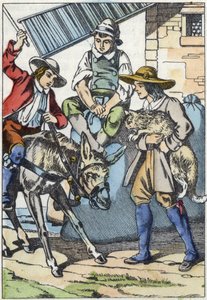 Die Kinder des verstorbenen Müllers teilen sein Erbe: Esel, Mühle und Kater. Illustration des Märchens „Der gestiefelte Kater“ von Charles Perrault