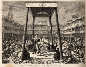 Der Zirkus der Ringer, die auf ihren Kampf warten, findet in der Arena unter dem Holzkäfig statt; ringsum beobachtet die Menge der Zuschauer und Wettenden die Kämpfe mit Leidenschaft. Illustration der Reise nach Japan, von Aime Humbert, Minister der Schwe