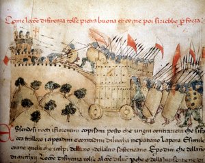 Die Stadt Florenz eroberte Pietrabuona, das später von den Einwohnern von Lucca übernommen wurde - in „Croniche del Sercambi“, um 1400. Nationalarchiv, Lucca von Unknown artist