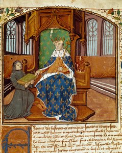 Der Chronist Enguerrand de Monstrelet überreicht sein Buch König Karl VII. (Miniatur aus „Chroniques d