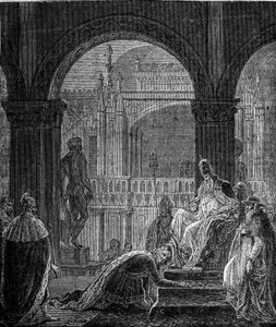 Der Konflikt zwischen Friedrich Barbarossa und Papst Alexander III. Demütigung von Kaiser Barbarossa im Dogenpalast in Venedig im Jahr 1177. von Unknown artist