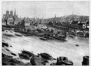 Der Bau der Pont Neuf in Paris, der durch den Square du Vert-Galant am Ende der Ile de la Cite führt. Die ersten Arbeiten im Jahr 1578. Gravur in "Le Monde illustré"
