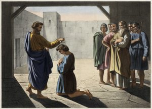 Die Krönung Davids: Samuel ernennt David zum König von Israel. Anonyme Gravur des 19. Jahrhunderts. von Unknown artist