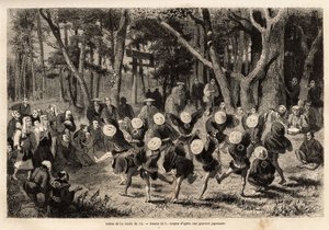 Der Tanz des Reisrundens, der im 10. Monat des Jahres stattfindet, bezieht sich auf Getreideernte. Gravur zur Illustration der Reise nach Japan, von Aime Humbert, Minister der Schweizerischen Eidgenossenschaft, 1863-1864, veröffentlicht in "Le tour du mond