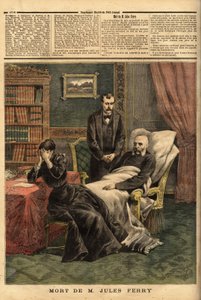 Der Tod von Jules Ferry (1832-1893), ein republikanischer Politiker, Verteidiger der Laienschule und Befürworter der kolonialen Expansion. Gravur in „Le petit journal“ 1/04/1893. Sammlung Selva