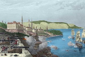 Die Verteidigung von Quebec durch Graf Louis de Buade, Graf von Frontenac (1622-1698) am 16.10.1690. Kolorierte Gravur in „Histoire generale de la marine“ von Van Tenac