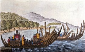 Die Abreise der Polynesier für den Pazifik an Bord von Doppelrumpfkanus. Lithografie aus dem frühen 19. Jahrhundert von Unknown artist
