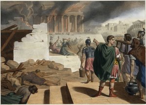 Die Zerstörung des Tempels und der Stadt Jerusalem im Jahr 70 durch den römischen Kaiser Titus (40-81). Anonyme Gravur aus der Mitte des 19. Jahrhunderts