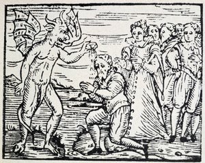 Der Teufel tauft betende Männer und Frauen - Gravur von Unknown artist