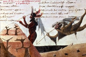 Die Teufel in einem Kreis der Hölle nach einer handschriftlichen Ausgabe der Divina Commedia (Göttliche Komödie) von Dante Alighieri (1265 - 1321) aus dem 14. Jahrhundert. Bibl.Trivulziana Mailand.