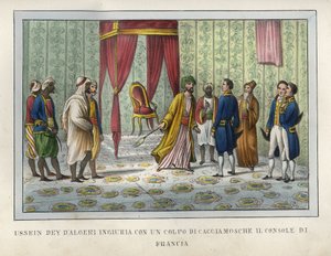 Der Dey von Algier, Hussein, fühlte sich vom französischen Konsul Pierre Deval beleidigt und schlug ihm im April 1827 mit seinem Fliegenwedel. Dieses Ereignis war entscheidend für die Entwicklung der Ereignisse, die zur Eroberung von Algier im Jahr 1830 fü von Unknown artist