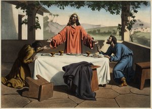 Die Jünger von Emmaus treffen den auferstandenen Christus am Abend des Osterfestes, der das Brot teilt. Anonyme Gravur aus der Mitte des 19. Jahrhunderts