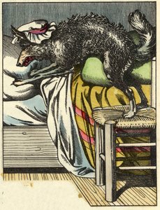 Der verkleidete Wolf nimmt den Platz der Großmutter im Bett ein. Illustration des Märchens „Rotkäppchen“ von Charles Perrault.