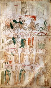 Der Einzug von Heinrich VI. des Heiligen Römischen Reiches (1165-1197) in Rom und seine Krönung zum Kaiser am 14.04.1191 durch Papst Celestin III. Seite aus „Liber ad honorem Augusti“ von Pietro da Eboli (Peter von Eboli) - (Codex 120, fol 105) 13. Jahrhun