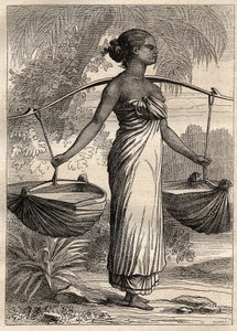 Die Expedition um die Welt (1790-1792) von Kapitän Étienne Marchand (1755-1793): Wasserträger in Timor (Osttimor, Indonesien) - Illustration aus „Die großen Seefahrer des 18. Jahrhunderts“