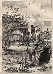 Die Expedition um die Welt (1790-1792) von Kapitän Etienne Marchand (1755-1793): indigene Hütten des Landes Enddacht (Australien) - Illustration aus „Die großen Seefahrer des 18. Jahrhunderts“ von Unknown artist
