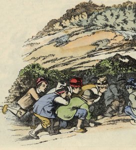 Die Brüder des kleinen Däumlings verstecken sich in einem hohlen Felsen, um dem Oger zu entkommen. Illustration des Märchens „Der kleine Däumling“ von Charles Perrault von Unknown artist